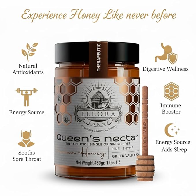 Ellora Farms Greek Pure Raw Honey Lemon &amp Orange Blossom Island of Crete Kosher Gold &amp Platinum Awards Non-GMO and Unpasteurized Gift Pack with Dipper 450g (160z)