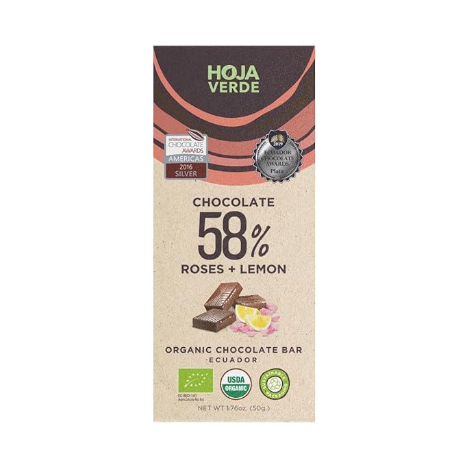 Hoja Verde - Certified Organic - 58% Dark Chocolate + Roses and Lemon I Vegan Gluten Free Soy Free Non GMO Paleo