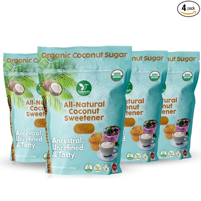 Colibreeco Organic Coconut Sugar 1 Pound (Pack of 4): Perfect for Sweetening Drinks &amp Recipes | Low Glycemic Sugar Substitute USDA Organic | Unprocessed &amp Chemical-Free | Powdered Coconut P