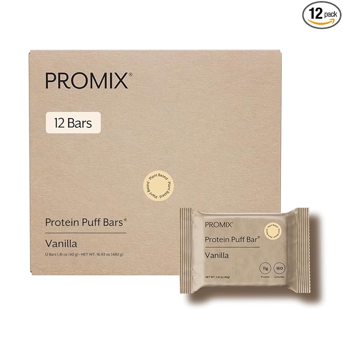 ProMix Nutrition Protein Plant Based Puff Bars - French Vanilla - Marshmallow Crispy Treat - High Protein &amp Low Calorie - 12 Bars