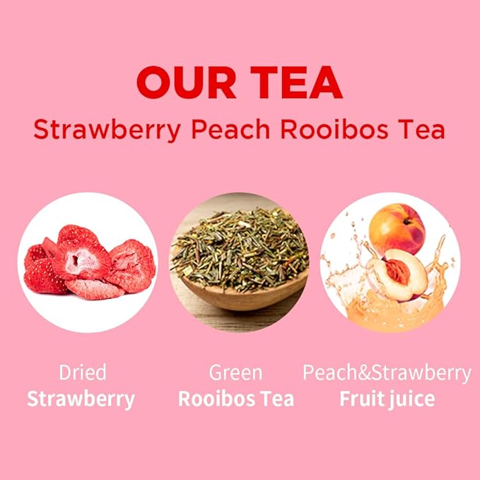 ROASTIQUE Strawberry Peach Rooibos Tea with Real Dried Fruit – Premium Orgainc Tea Sweet Fruit Blend Hot or Iced Tea Eco-friendly PLA bags 8 Tea Bags