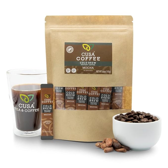 Cusa Tea &amp Coffee Mocha Cold Brew. Premium Instant Coffee Rainforest Alliance Certified Arabica Beans. Drink Mix Packets Ready in Seconds Makes Hot or Iced Coffee (30 Servings)