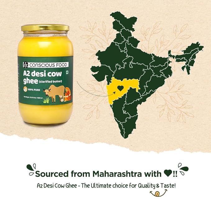 Conscious Food A2 Desi Cow Ghee - 33.814 Fl Oz (1L) Clarified Butter - 100% Pure and Premium Cultured Ghee Natural Grass Fed Indian Cow Non-GMO