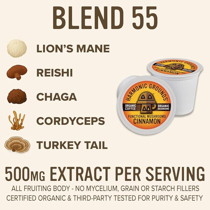 Harmonic Grounds Organic Mushroom Coffee Pods - Cinnamon Flavored Medium Roast with Lion's Mane Reishi Chaga Cordyceps &amp Turkey Tail - Compatible with Keurig K-Cup Brewers - 34 Count