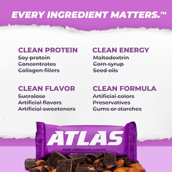 Atlas Real Food Protein Bar – 20g Clean Protein 1g Sugar No Seed Oils No Artificial Sweeteners (Dark Chocolate Almond 24 Count)