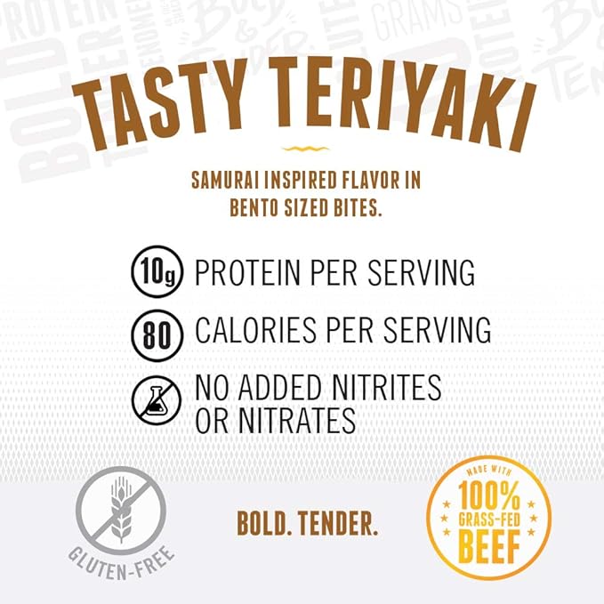 Perky Jerky Tasty Teriyaki 100% Grass Fed Beef Jerky 2.2oz (Pack of 12) - Antibiotic Free - 10g Protein Per Serving - Low Fat - Tender Texture