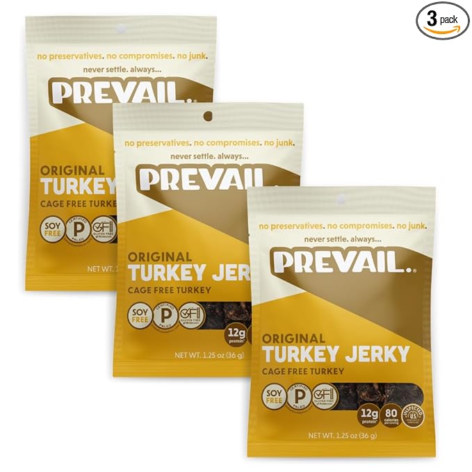 Free-Range Turkey Jerky by PREVAIL - Low Sodium and Gluten Free! | Pack of (3) Bags | | Our Gourmet Jerky is Paleo Certified Soy Free Free of Preservatives and contains no GMO's!