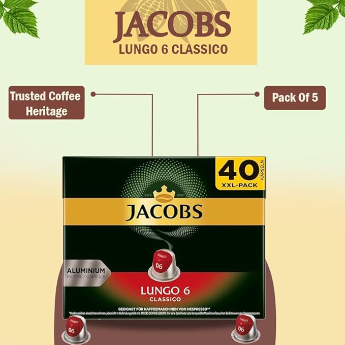 Jacobs Lungo 6 Classico 5x40 CAPSULES Coffee Capsules Compatible with (049 USD/1 CAP)