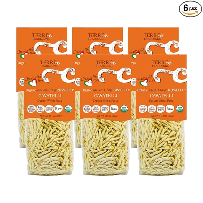 TERRE E TRADIZIONI 6 PACKS ORGANIC ITALIAN DURUM WHEAT CAVATELLI PASTA – Sicilian Ancient Grain Russello Vegan Crafted in Italy. LOW-GLUTEN INDEX. Has 6X More Fiber and Protein than Popular Grains