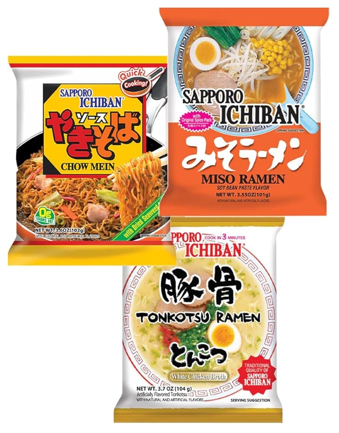 Sapporo Japanese Ramen Variety Pack 6 Traditional Authentic Flavors - Original Beef Chicken Tonkotsu Yakisoba Miso - 4 Pack Per Flavor Instant Ramen Noodle Sampler (24 Pack)