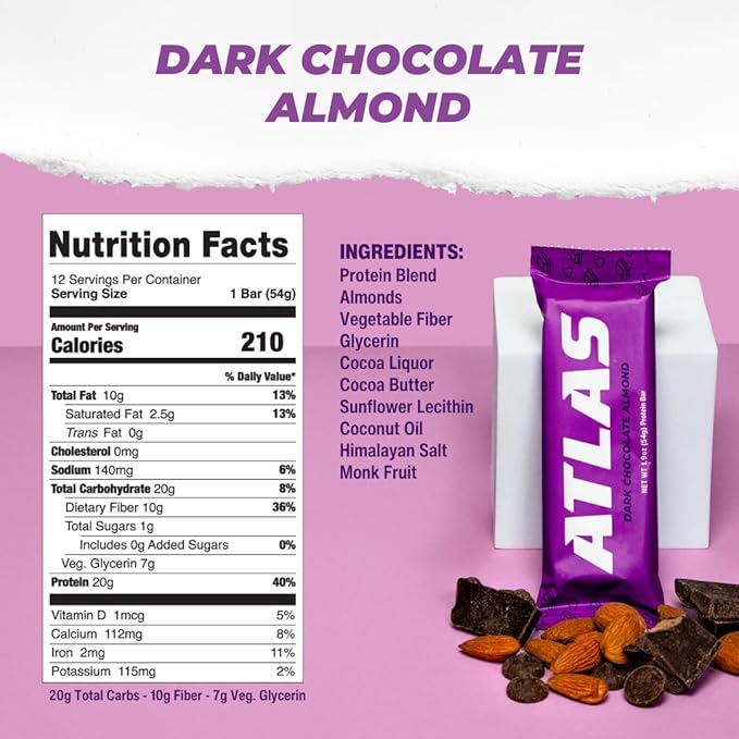 Atlas Real Food Protein Bar – 20g Clean Protein 1g Sugar No Seed Oils No Artificial Sweeteners (Dark Chocolate Almond 24 Count)