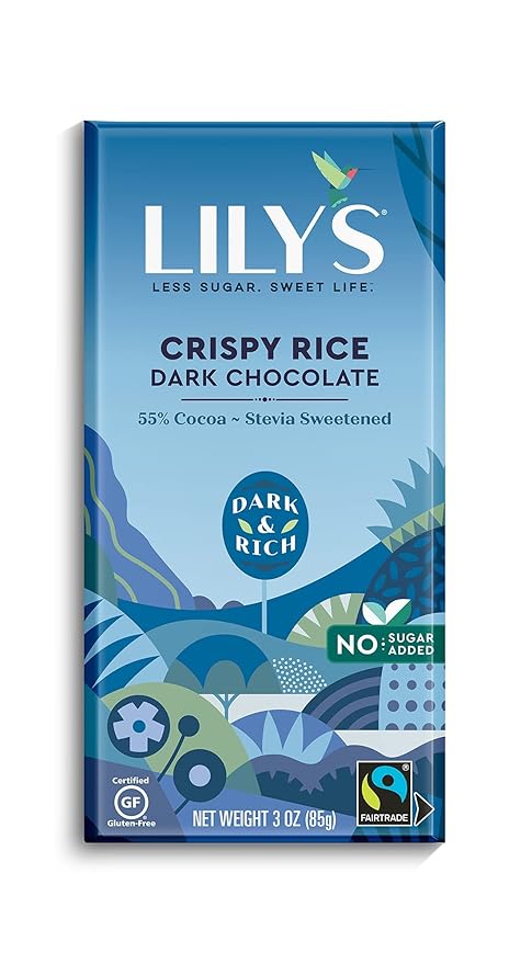Lily's by Stevia Sweetened No Added Sugar Low-Carb Keto Friendly 55% Cocoa Fair Trade Gluten-Free &amp Non-GMO 3 4-Pack Crispy Rice Dark Chocolate Bar 12 Oz