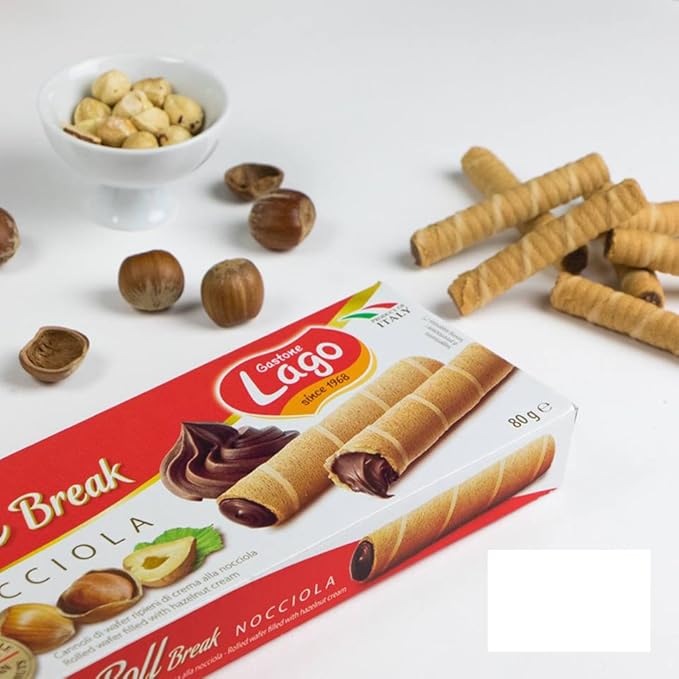 Gastone Lago Roll Break Light and fragrant wafer rolls Hazelnut filled with soft velvety cream - 2.8 oz. 4-Pack (Hazelnut 4-Pack)