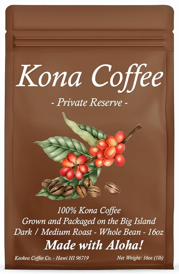 100% Hawaiian Kona Coffee - Whole Bean - Dark/Medium Roast - 1lb (16oz) - Private Reserve - Farm Fresh - Grown and Packaged on the Big Island of Hawaii - Keokea Coffee Co.