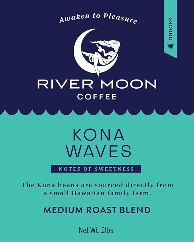 River Moon Coffee Kona Coffee Ground Medium Roast 2 lbs Kona Waves Hawaiian Blend Sustainably Farmed 100% Arabica