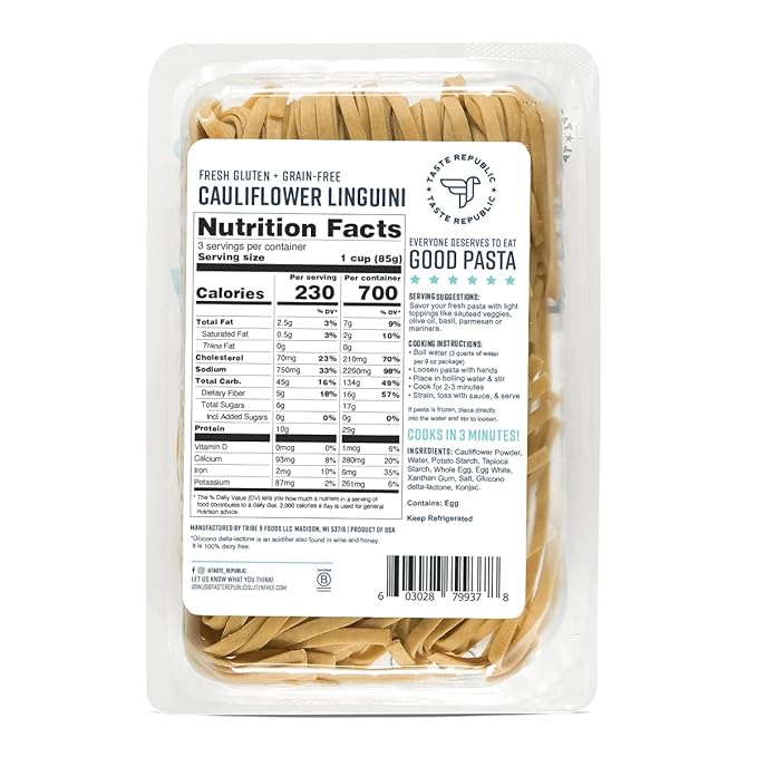 Cauliflower Linguini | Grain-Free Gluten-Free Kosher | Fresh Pasta | Cooks in Just 3 Minutes | Taste Republic | Frozen | 9oz (Pack of 6)