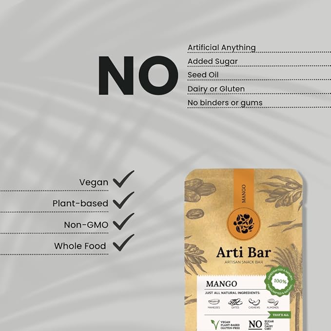 Arti Bar – Mango | Whole Food Energy Bar | 40% Real Mango Vegan Gluten-Free No Added Sugar Clean Ingredients | Plant-Based Healthy Snack