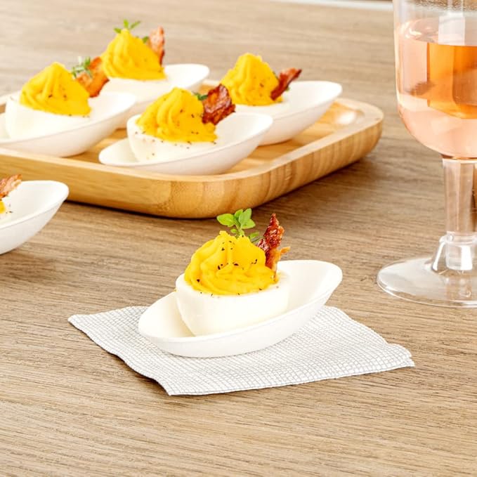 Restaurantware Pulp Safe No PFAS Added 3.2 x 2.1 Inch Tasting Dishes 100 Disposable Dishes - Home Compostable Microwavable And Freezable White Bagasse Food Dishes Egg Shape For Appetizers