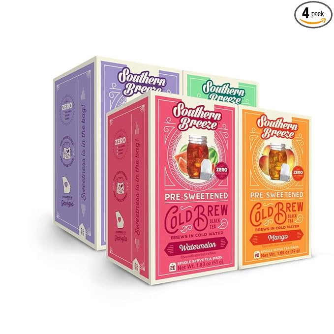 Southern Breeze Cold Brew Sweet Tea Variety Pack Iced Tea with Black Tea and Zero Carbs Zero Sugar 20 Individually Wrapped Tea Bags Pack of 4 Blackberry Mango Mint and Watermelon