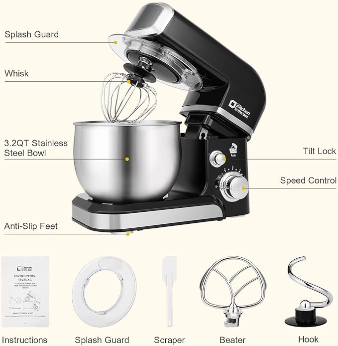 Kitchen in the box Stand Mixer3.2Qt Small Electric Food Mixer6 Speeds Portable Lightweight Kitchen Mixer for Daily Use with Egg WhiskDough HookFlat Beater (Black)