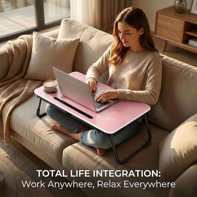 BUYIFY Foldable Laptop Bed Desk for Couch Sofa - Large Lap Desk Tray Table with Cup Holder and Tablet Slot - Portable Notebook Stand for Eating Writing Studying and WFH (Pink)