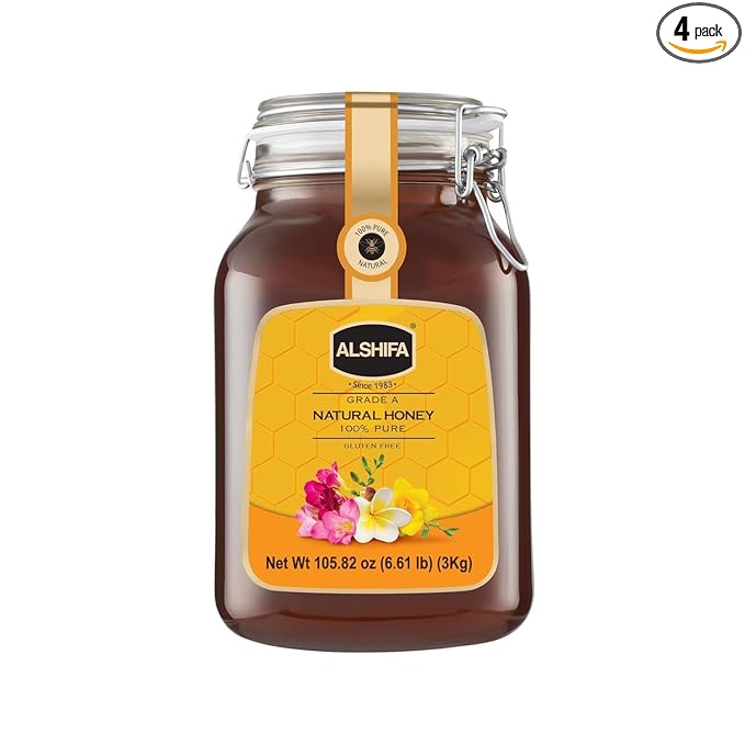 ALSHIFA Natural Honey 6.61lb (3kg) | Pack of 4 | Raw &amp Pure Honey Unpasteurized | Unique Taste Sweetener | Healthy &amp Rich in Nutrients | No Added Sugar | Glass Bottle