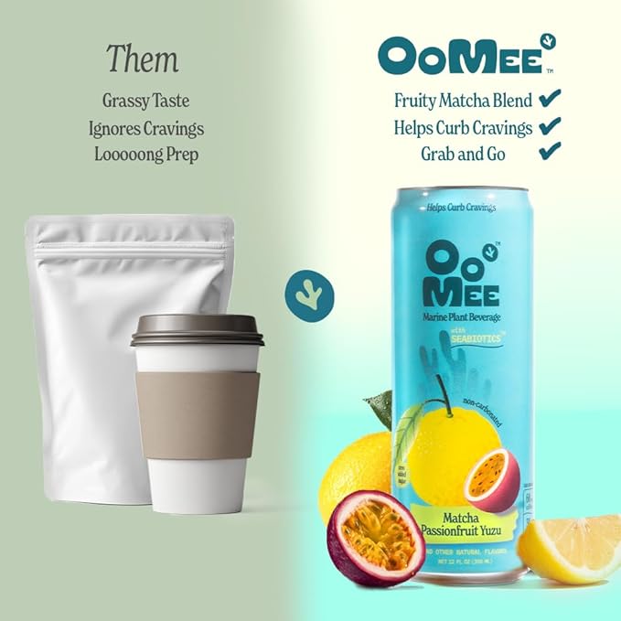 OoMee Fruity Matcha Drink | Passionfruit &amp Yuzu | Fruit-Infused Plant-Based Vegan Beverage with Sustained Energy Natural Craving Support Low-Calorie Non-Carbonated Marine Plant Beverage – 12oz