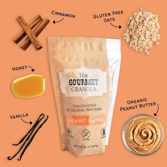 The Gourmet Granola | Peanut Butter Granola | Bits Of Peanut Butter Goodness | Gluten Free | Dairy Free &amp Soy Free | Made in Nebraska USA | 12 oz Bag | 3 Pack