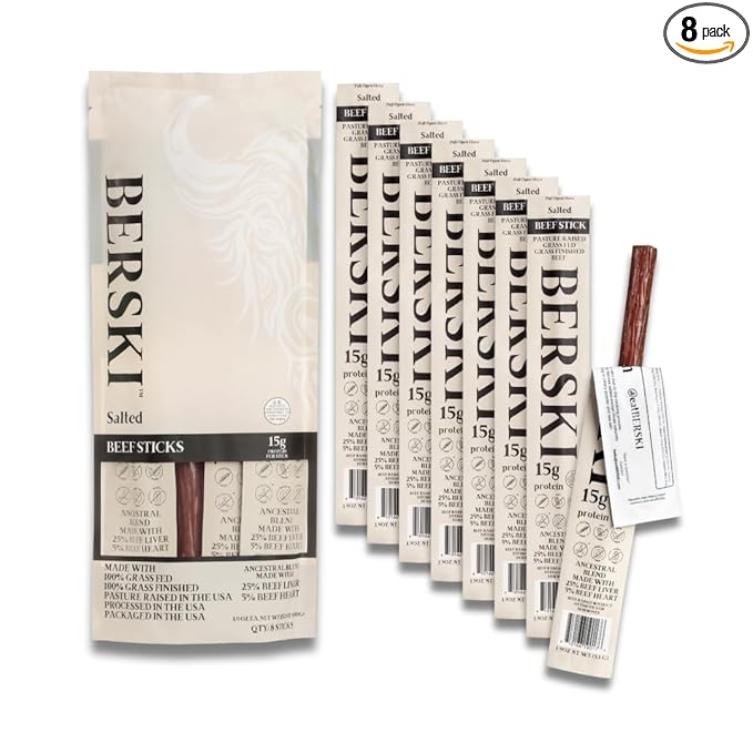 BERSKI Salted Beef Sticks – 100% Grass-Fed Grass-Finished – Ancestral Blend with Liver &amp Heart – Keto Paleo – Regeneratively Raised USA Beef – 8 Pack (1.9 oz Sticks)