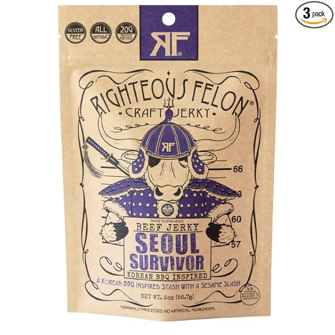 Righteous Felon Beef Jerky - Seoul Survivor Jerky - Gluten-Free Snacks - All-Natural Locally Sourced &amp Dried Beef - Low-Sugar High-Protein Healthy Snacks - 2 Ounces Each Pack of 3