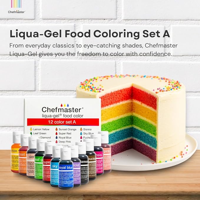 Chefmaster - Liqua-Gel Food Coloring - Fade Resistant Food Coloring - 12 Pack - Vibrant Eye-Catching Colors Easy-To-Blend Formula Fade-Resistant