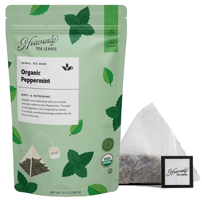Heavenly Tea Leaves Organic Peppermint (50 Pyramid Tea Bags) Bulk Compostable Herbal Tea Sachets - 100% Plastic Free Premium Quality Whole Tea Leaves in a Convenient Tea Bag