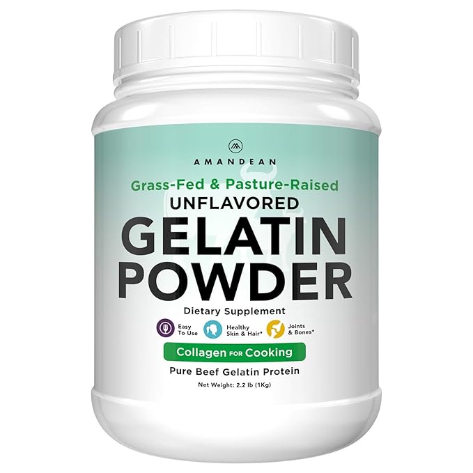 AMANDEAN Premium Gelatin Powder XL. Grass-Fed Beef Collagen Protein Supplement. Unflavored. Healthy Skin Hair Nails &amp Gut. Paleo Friendly Cooking and Baking. 18 Amino Acids. Non-GMO.