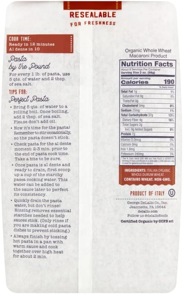DeLallo Organic Whole Wheat Farfalle Bow Ties Pasta 1lb Bag 16-Pack