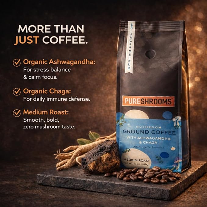 Mushroom Ground Coffee with Organic Ashwagandha Chaga L-theanine - Medium Roast 100% Arabica Beans - Adaptogenic Support for Balance &amp Immunity - (12 oz/340g)