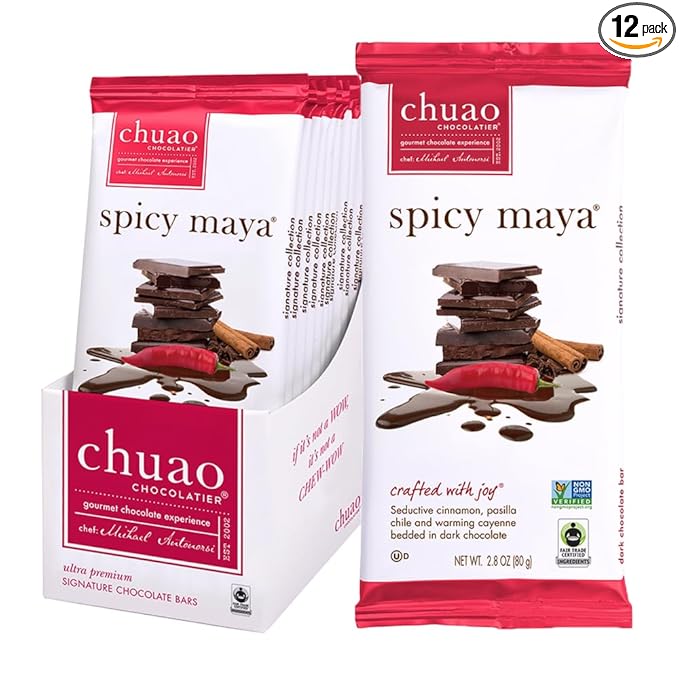 Chuao Chocolatier Spicy Maya Gourmet Dark Chocolate Bars | Cinnamon Cayenne No Preservatives | For Gift Baskets Christmas Valentines Birthday Care Package | 12 Pack