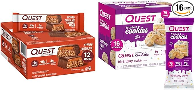 Quest Nutrition Crispy Chocolate Caramel Pecan Hero Protein Bar 12 Count and Frosted Cookies Twin Pack Birthday Cake 16 Cookies