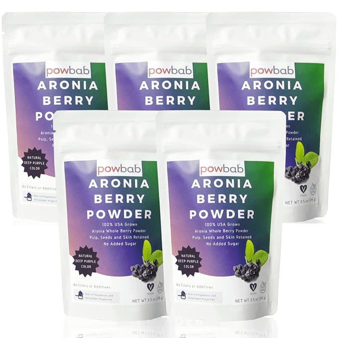 powbab Aronia Berry Powder from 100% USA Grown Organic Aronia Chokeberry. No Added Sugar. Not Freeze Dried. Made in the USA Black Chokeberry for Immune System Circulation (3.5 oz (Pack of 5))