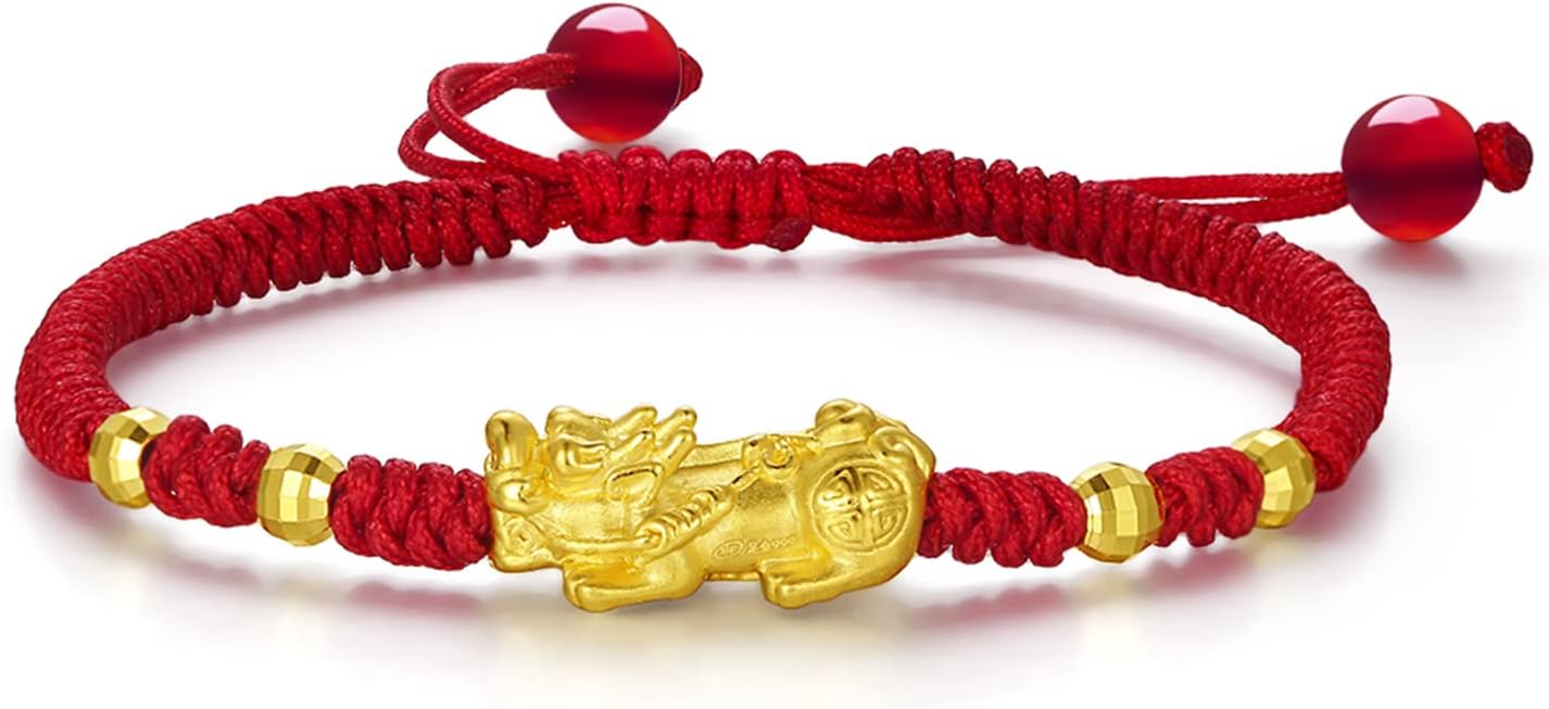 24K Solid Gold Bracelet for Women Real Pure Gold Jewelry Dainty Fortune Pixiu Ball Dragon Turtle Adjustable Red Black Braided Bracelet for Men Girlfriend
