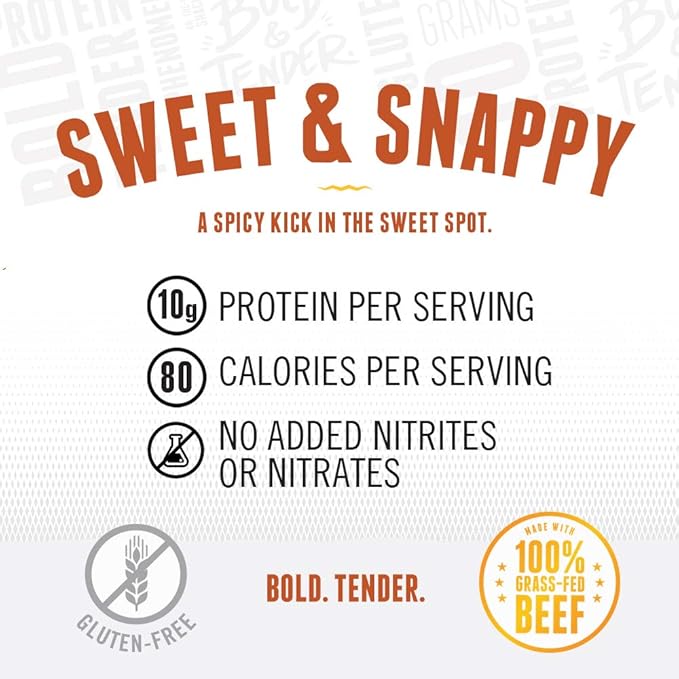 Perky Jerky Sweet and Snappy 100% Grass Fed Beef Jerky 2.2oz (Pack of 12) - Antibiotic Free - 10g Protein Per Serving - Low Fat - Tender Texture