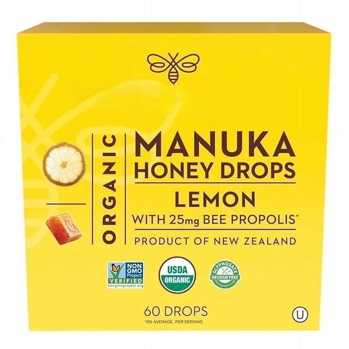 Manuka Honey Drops Lemon Flavor – 60 Count – Infused with 25mg Bee Propolis – Natural Throat Soothing &amp Immune Support – USDA Organic Non-GMO