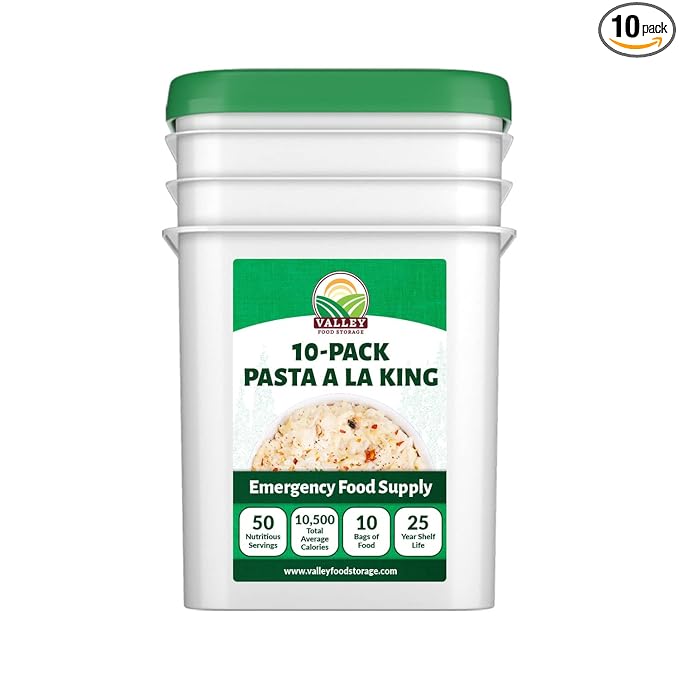 Valley Food Storage Pasta A La King | 10-Bag Bucket 50 Servings | Non-GMO Premium Emergency Food Supply 25 Year Shelf Life | Survival Meal Kits Prepper Food &amp Off-Grid Living Supplies Packaged