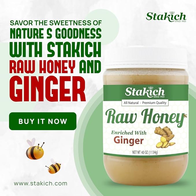 Stakich Ginger Enriched Raw Honey - Pure Unprocessed (40 Ounce)