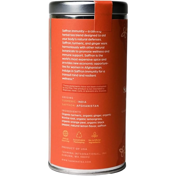 Tahmina Saffron Immunity Caffeine Free Tea: Calming Turmeric and Ginger with Saffron 12 Biodegradable Pyramid Tea Bags Makes 36 Cups of Tea (1 Pack)