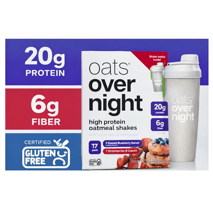 Oats Overnight High Protein Oatmeal Shakes Variety Pack (14 Pack) – Glazed Blueberry Donut &amp Strawberries &amp Cream – 20g Protein 6g Fiber Gluten Free Just Add Milk &amp Refrigerate – Includ