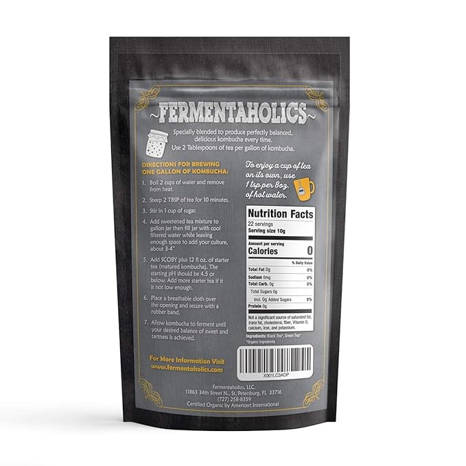 Fermentaholics USDA Certified Organic Kombucha Tea Blend | Makes 22 Gallons of Kombucha | Kosher Certified | Organic Black and Green Tea Blend | Loose Leaf (8 oz)