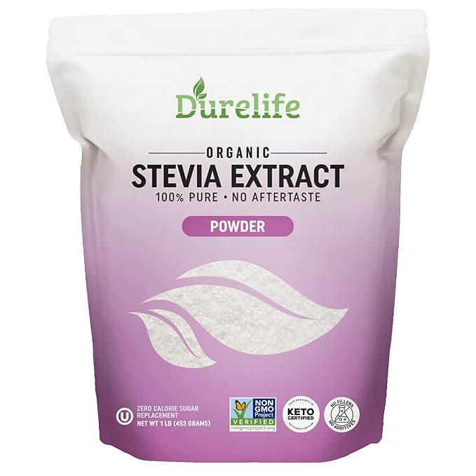 Durelife 100% Pure stevia extract sweetener | No Erythritol NON-GMO Project Verified No Fillers Zero Calorie Sugar Substitute | No Aftertaste | Micro-Spoon Included (16 Ounce (Pack of 1))