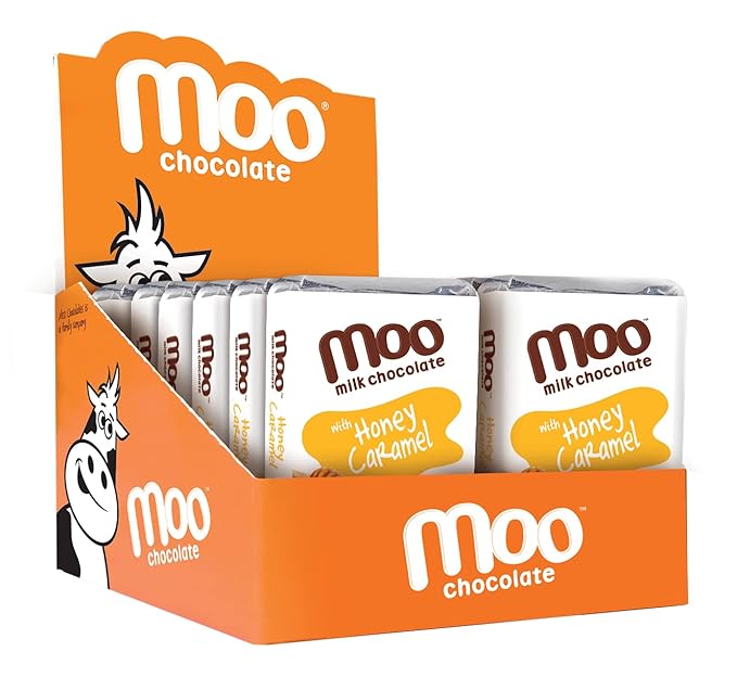 Moo Chocolates All Natural Milk Chocolate Mini Bars with Honey Caramel 0.7 oz 14 ct (Pack of 1) | 70 Calorie Snacks for On-the-Go Lunchboxes Office
