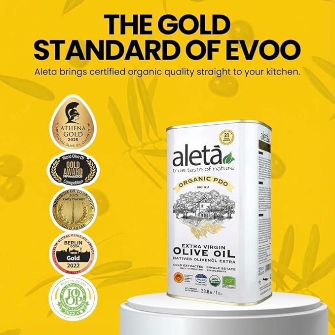 Aleta USDA Organic Greek Extra Virgin Olive Oil EU Certified Single Estate PDO Greece 1 Lt (33.8 oz.) Tin Kosher EK Pack of 1