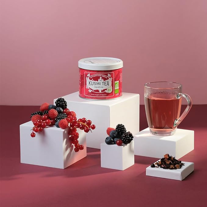 Kusmi Tea - AquaRosa - Organic Herbal Tea with Hibiscus &amp Berries - Caffeine Free Herbal Tea - Enjoy Hot or Iced - Loose Leaves - Tin Box of 3.5 oz - Quantity for about 50 cups